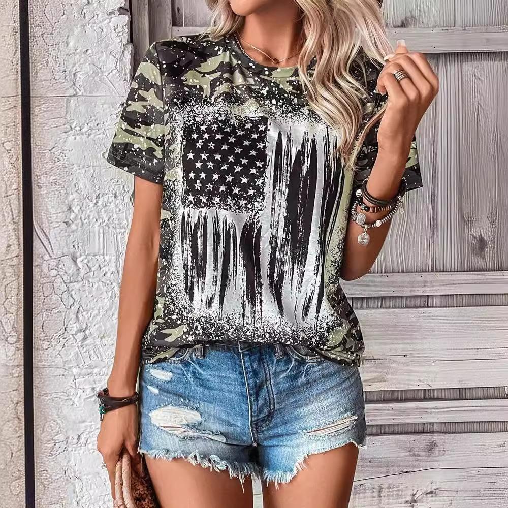 Flag Pattern 3D Digital Printing Women's Fashionable Round Neck Short Sleeved T-shirt