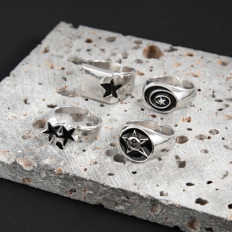 IF ME 4Pcs/Set Black Five-Pointed Star Wide Rings for Men Hiphop Silver Color Geometric Thick Opening Finger Rings Sets Jewelry Gifts