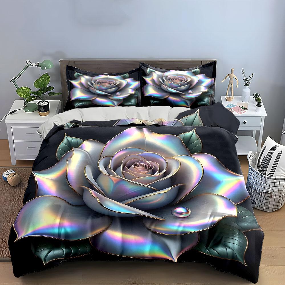 Holographic Rose-Themed Decorative Set Exquisite Three-Piece Bedding Set Gift For Kids And Adults