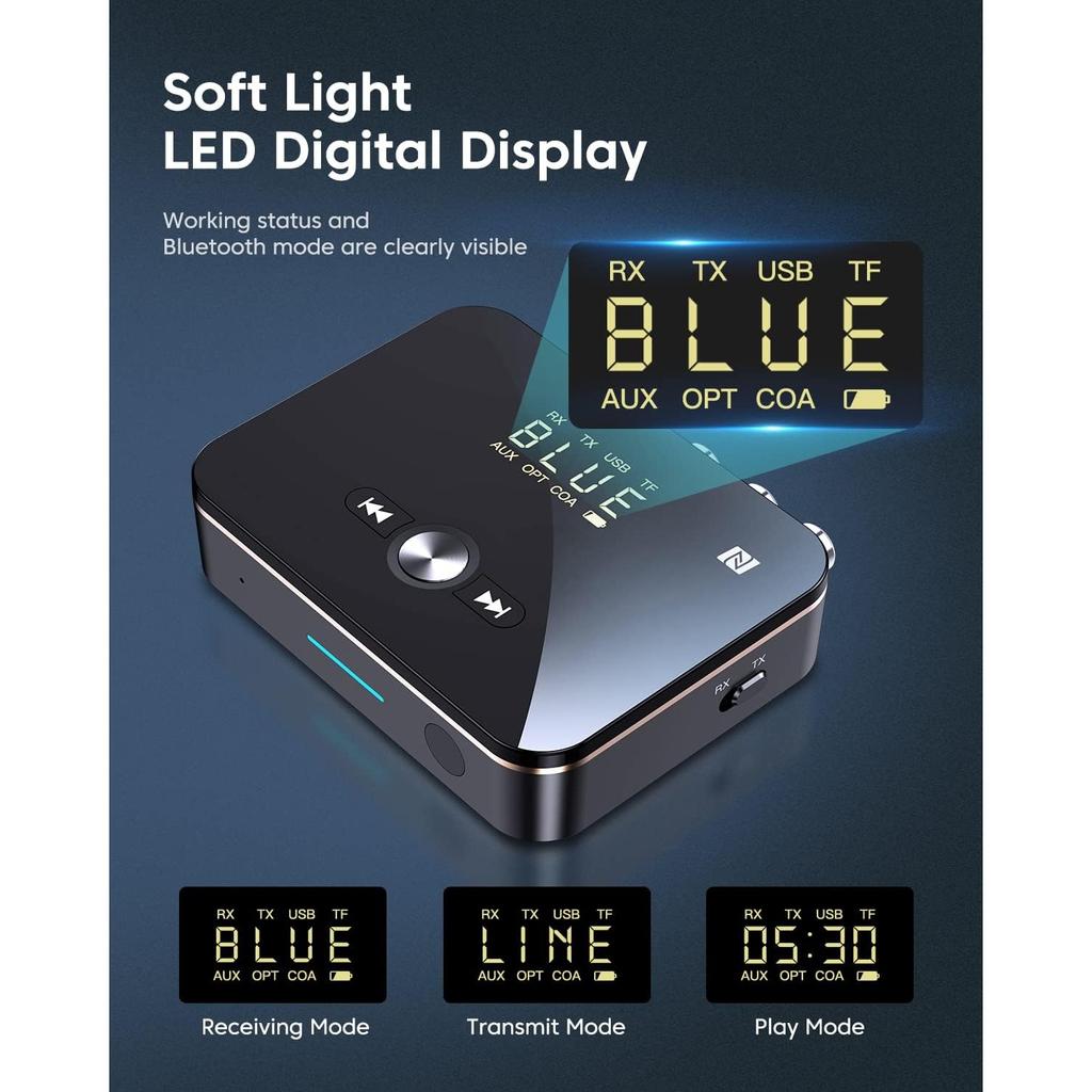 2-in-1-Bluetooth-Sender/Empfänger für Fernseher, Laptop, Stereoanlage, Kopfhörer, Lautsprecher, Cinch-/AUX-Kabel, AptX HD und AptX LL, 10 Stunden Wiedergabezeit