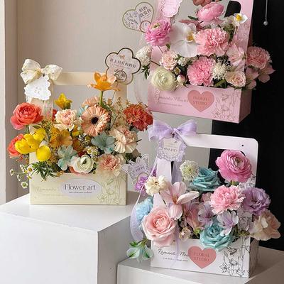 Coffee Flower Cake Dessert Packaging Box Portable Flower Gift Bag Kraft Paper Holder Photo Favor Drink Carrier With Handle+