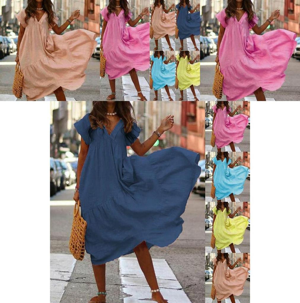 Elegant Women Fashion Maxi Dress Short Sleeve Solid Color Casual Boho Kaftan