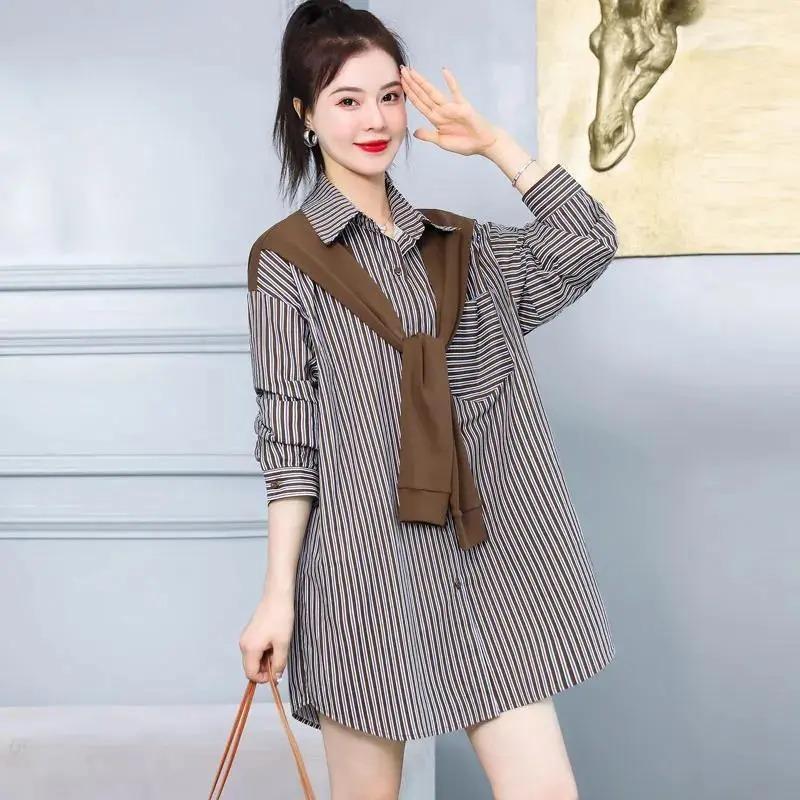 Autumn New Striped Shirt Design Niche Shawl Fake Two-piece Shirt Autumn Long-sleeved