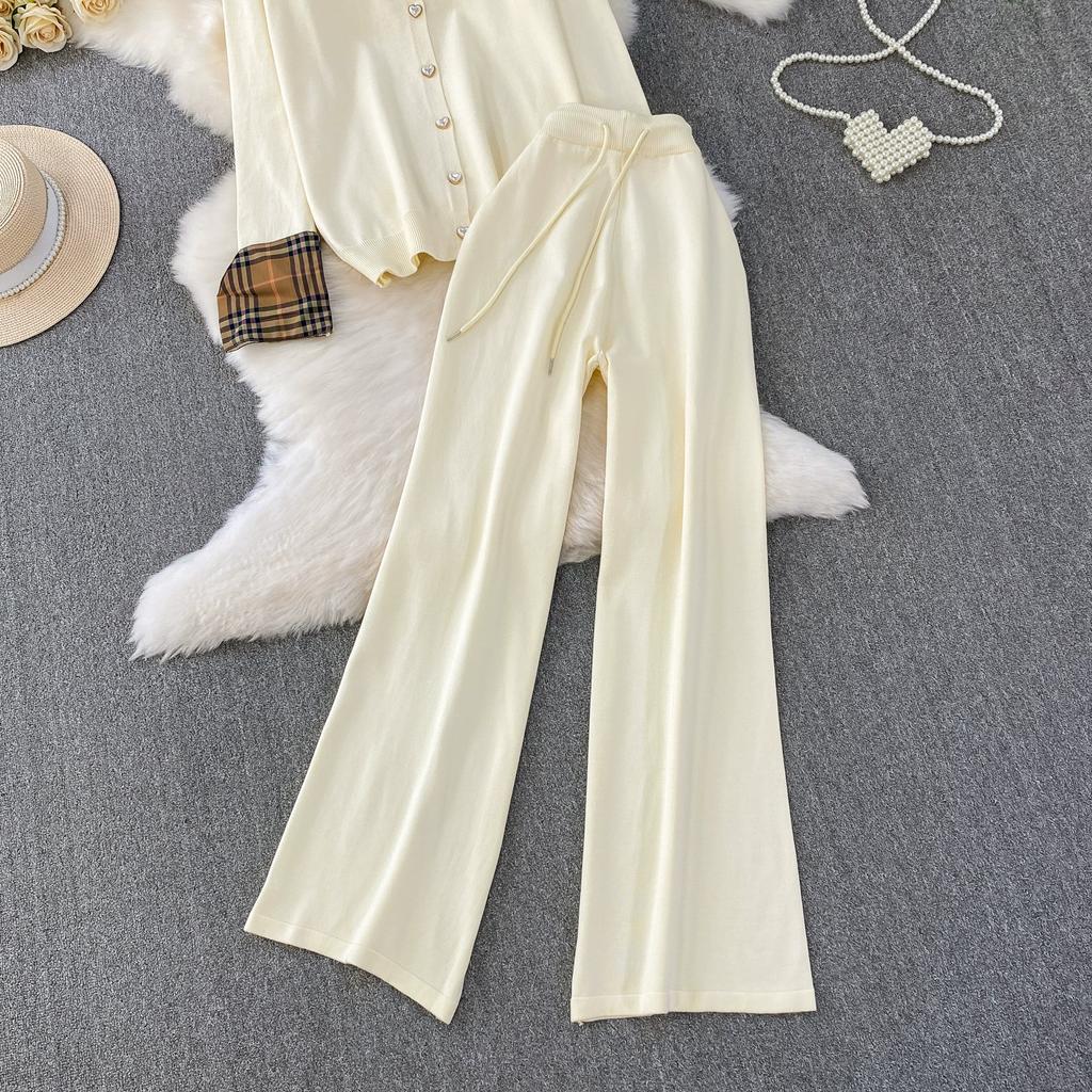 Autumn Winter Women Casual Knitted Sweater Trouser Two Piece Set Full Sleeve 3D Flower Jacket Coat and Wide Leg Pant Suit