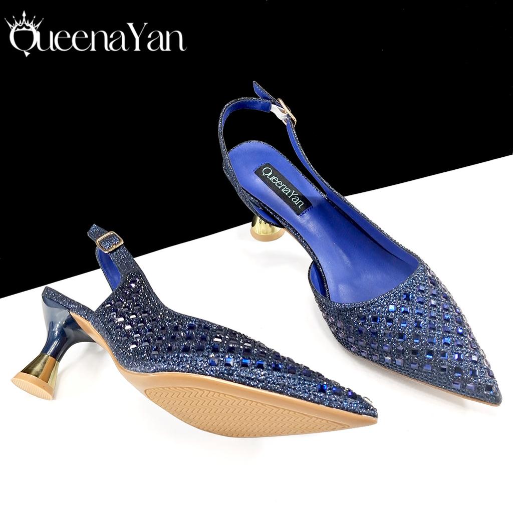 Queena Yan 2025 Italienisches Design Strass Luxus Marineblau Spitzschuh & Taschenset Damen High Heels für Partys Hohe Qualität
