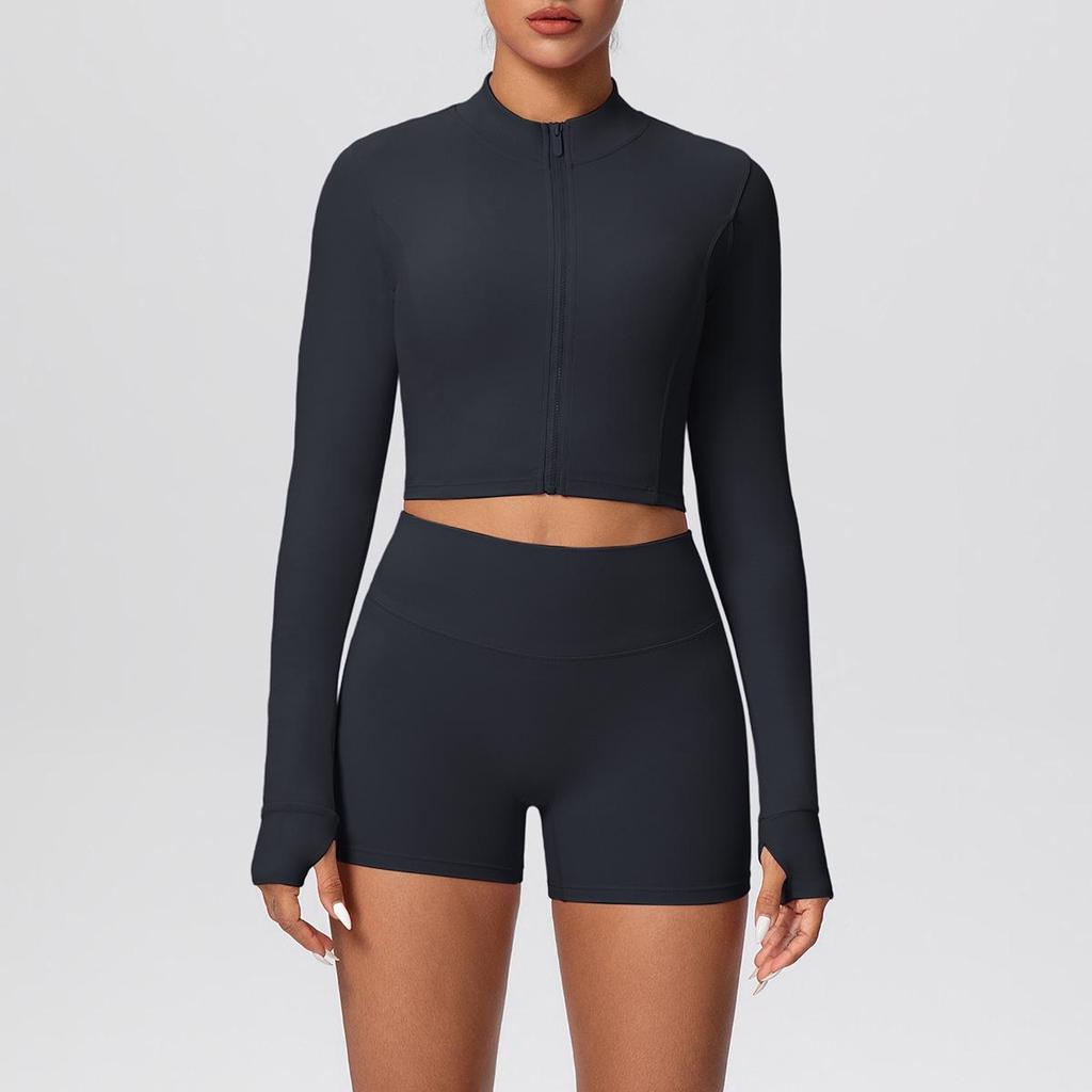High-Waisted Hip-Lift Sports Shorts & Zip Jacket Yoga Set - Nude Feel for Casual Run & Fitness