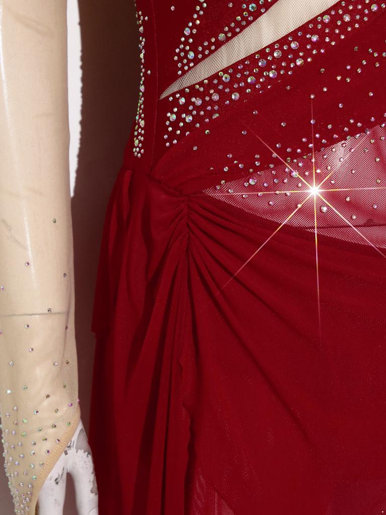 Damen Funkelndes Strass-Trikotkleid Durchsichtiges Netz Langarm Rollkragen Farbblockierung Asymmetrischer Saum für Eiskunstlauf Lateinische Performance