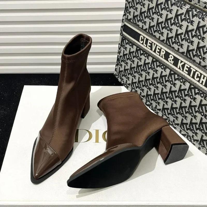 Ankle Boots Women Chunky Mid Heels Suede Shoes Woman Pointed Toe 2024 Trend Winter New Goth Walking Snow Chelsea Botas De Mujer