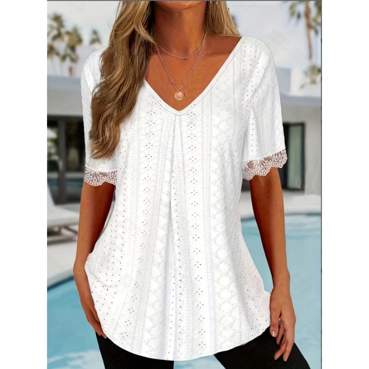 

Women s V-neck Hollow Out Knit Lace Spliced Short Sleeve T-shirt, European American Style Casual Summer Top For Women XXL білий