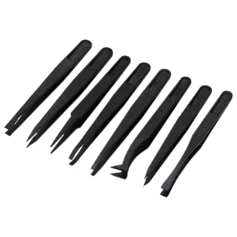 8 Styles Black Carbon Fiber Plastic Tweezers Kit for Nail Art DIY Picking Needle Nose Pointed Curved Flat Tip Tweezers