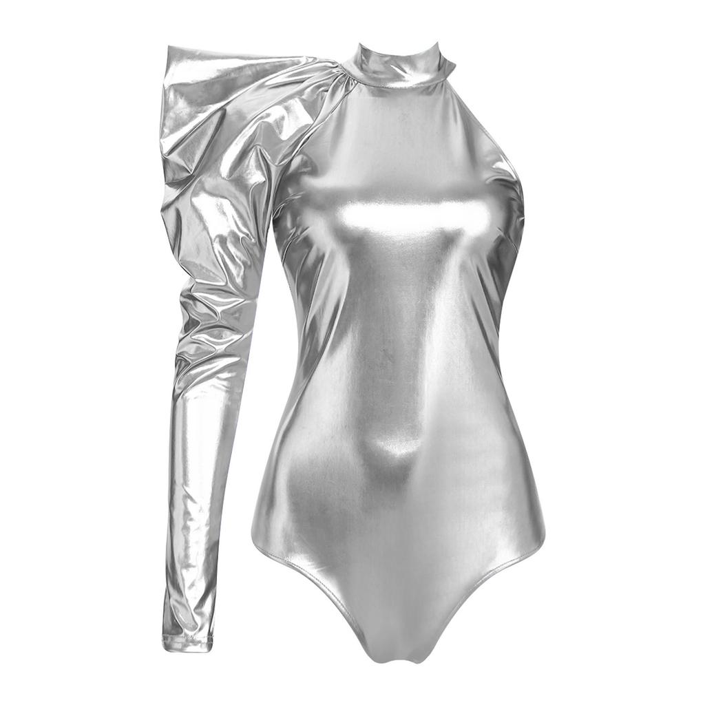 Women Metallic Shiny Bodysuit Dramatic Puff Sleeve Long Sleeve One Shoulder Mock Neck Asymmetrical Leotard