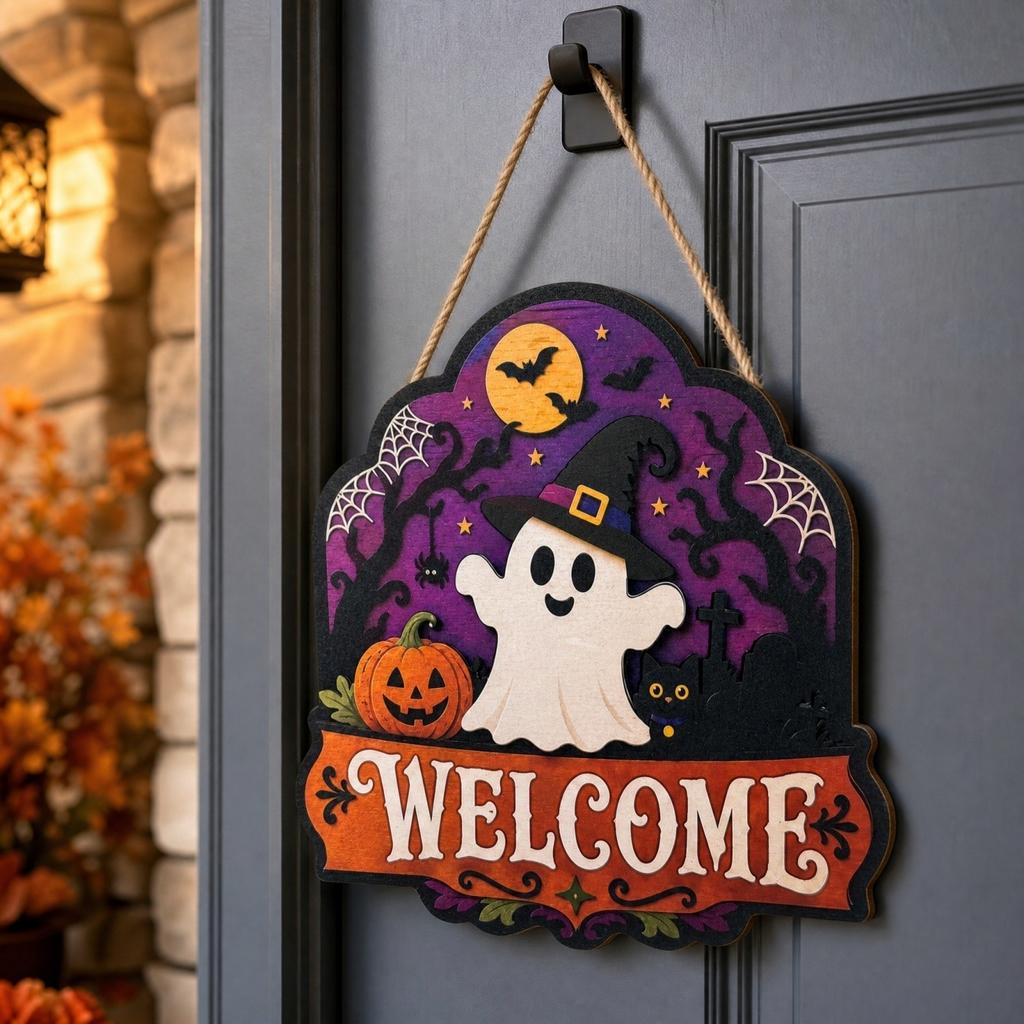 Wooden Halloween Welcome Sign with and Pumpkin Design, 2D Flat Wall Decor for Front Door