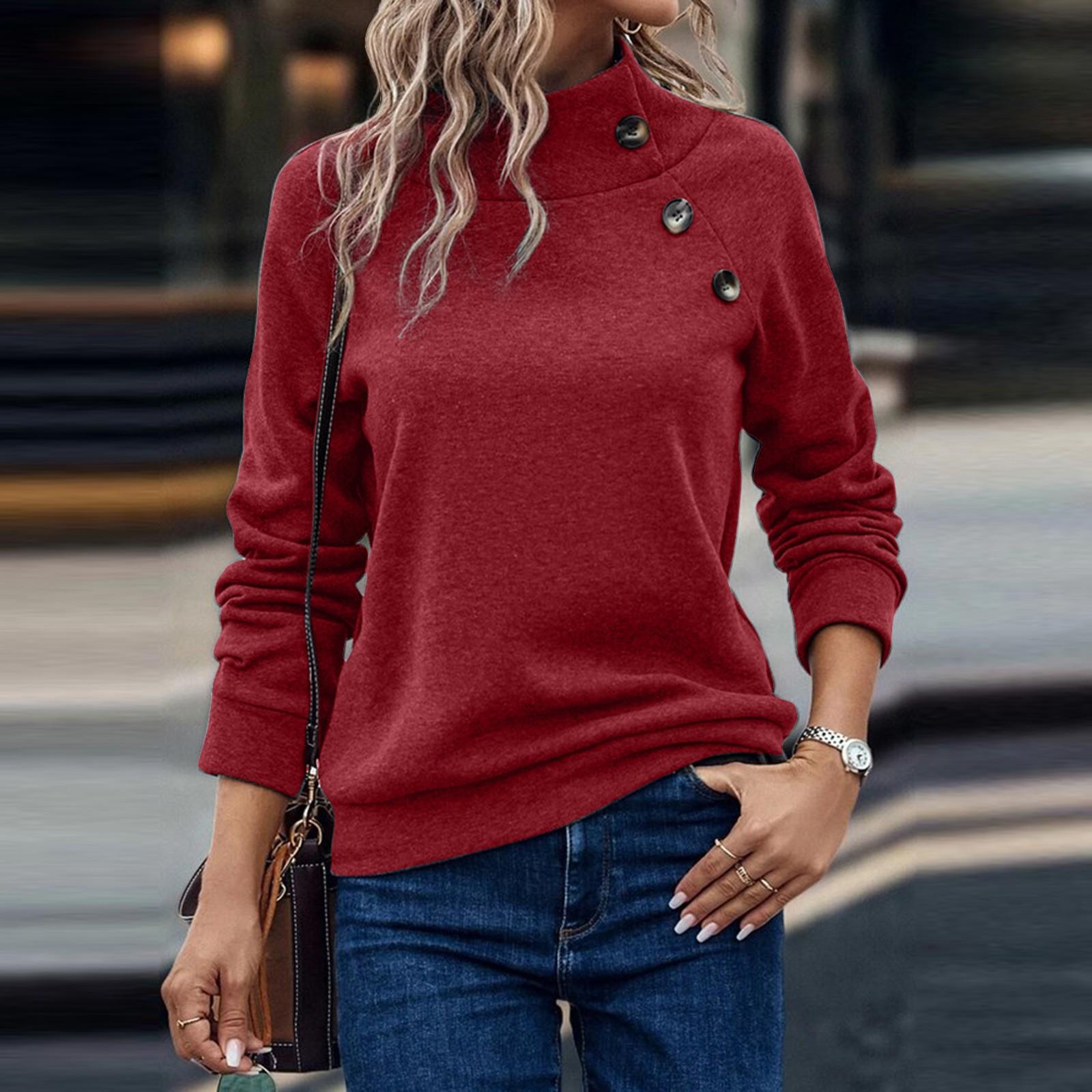 

Женская модная повседневная однотонная толстовка с высоким воротом и пуговицами, свободная, с длинными рукавами M винный