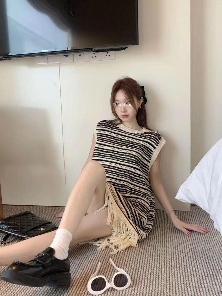 Summer 2025 Striped Sleeveless Knit Tassel Dress for Women