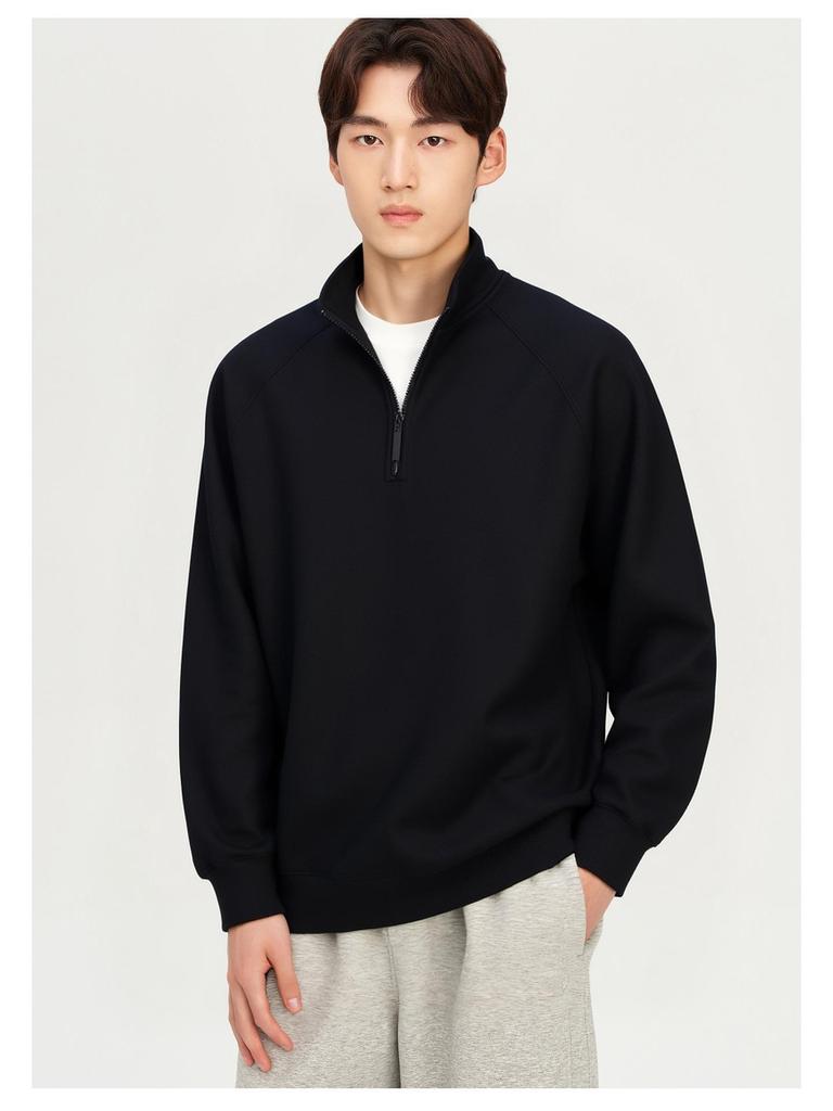 Men's 2025 Winter Black Fleece-Lined Half-Zip Stand Collar Sweatshirt