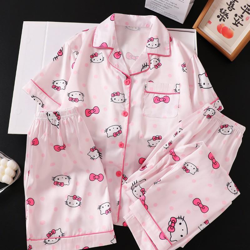 Girls Ice Silk 3-Piece Pajama Set Short Sleeve Sleepwear Kids 8 Years Cartoon Print Lightweight Air-Conditioning Suit