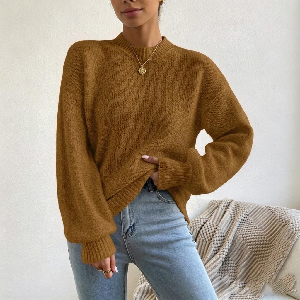 Women's Casual Color Mock Neck Long Sleeve Pullover Sweater Knit Top
