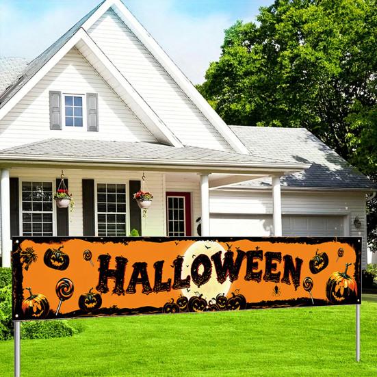 Outdoor Hanging Banners Halloween Fence Banner, 118 x 20 Inch Large Yard Sign Banner Flag, Scary Trick or Treat Party Decor Backdrop Decoration
