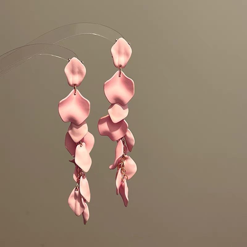 Rose petal earrings exaggerated fashion long fringed earrings women's high-end temperament versatile earrings
