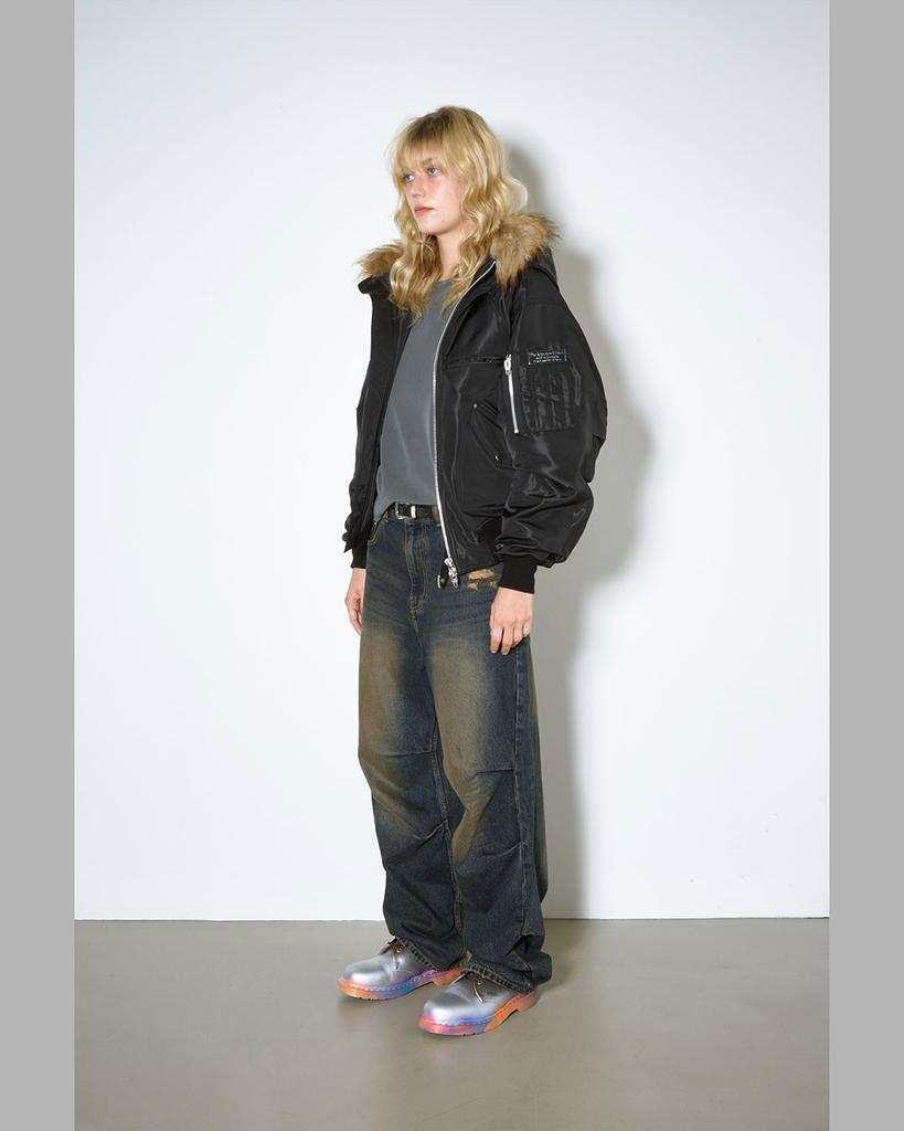 Themuseumvisitor Fur Hood Metal Logo Ma-1 Jumper (Black)