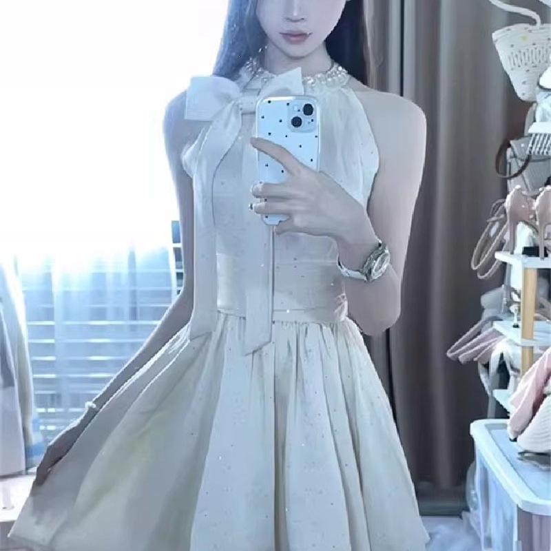 Rich Family Daughter Wind Hot Diamond Sleeveless Celebrity Bow Neck Dress Women's Summer Temperament Waist A Word Short Skirt