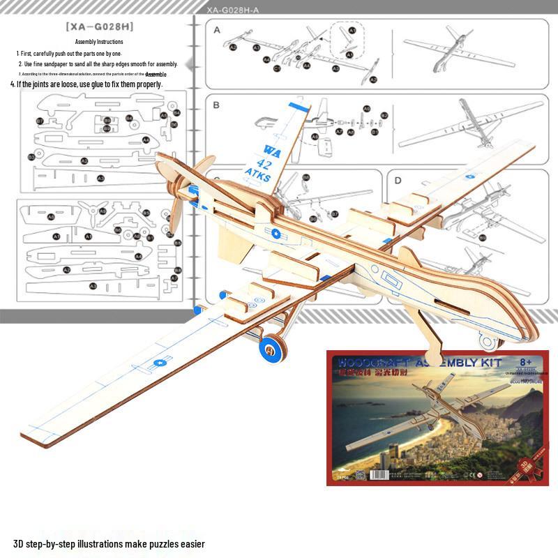 3D Wooden DIY Unmanned Recon Aircraft Model Puzzle - Educational Assembly Toy for Kids
