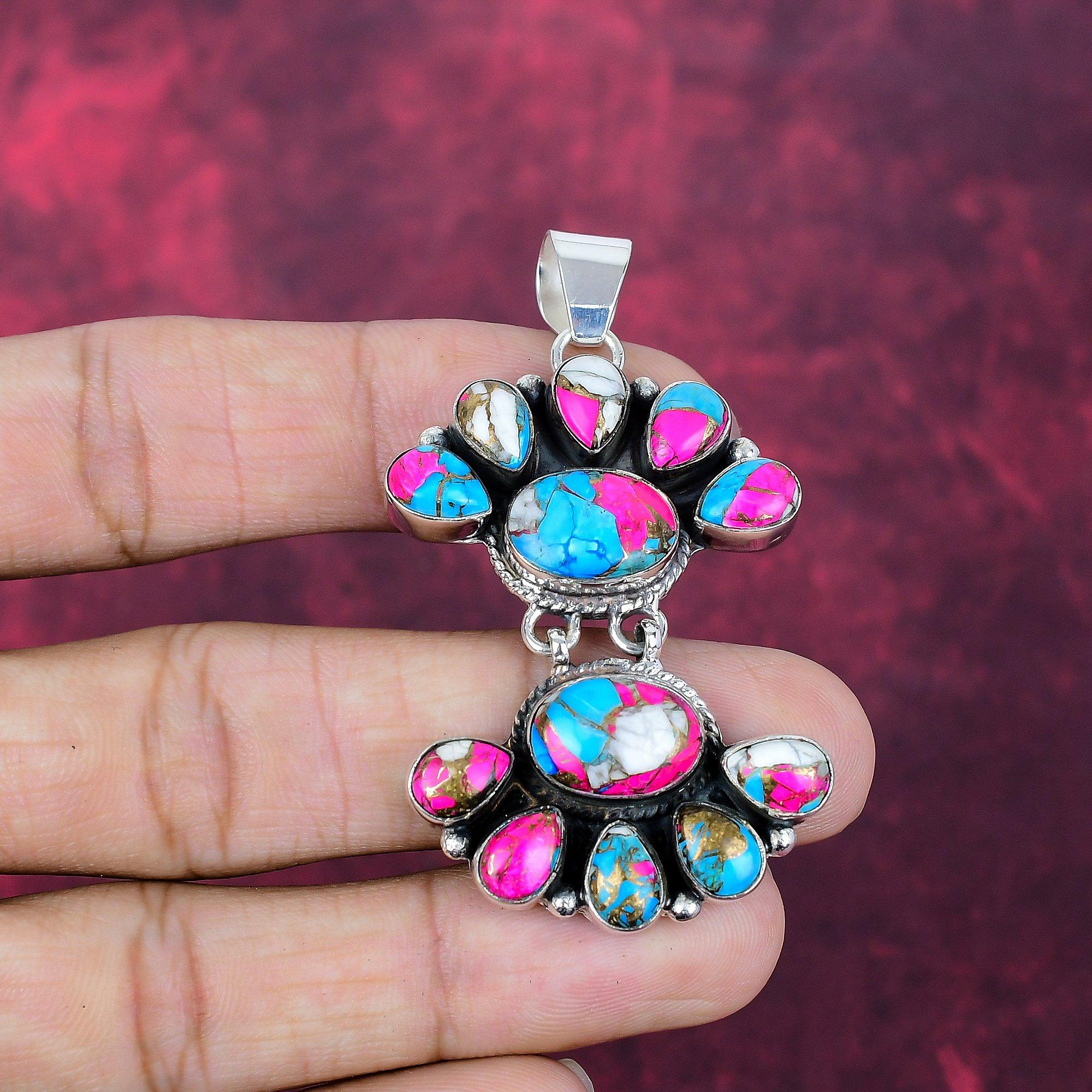 

Кулон из бирюзы Сладкая вата ручной работы с драгоценным камнем, кулон из стерлингового серебра 925 пробы, антикварное украшение, для подарка на помолвку 2.44 Inches розовый