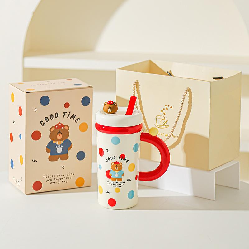 Large Capacity Cartoon Straw Cup with Lid Cute Mug High value Kitten Animal Ceramic Cup Set Gift