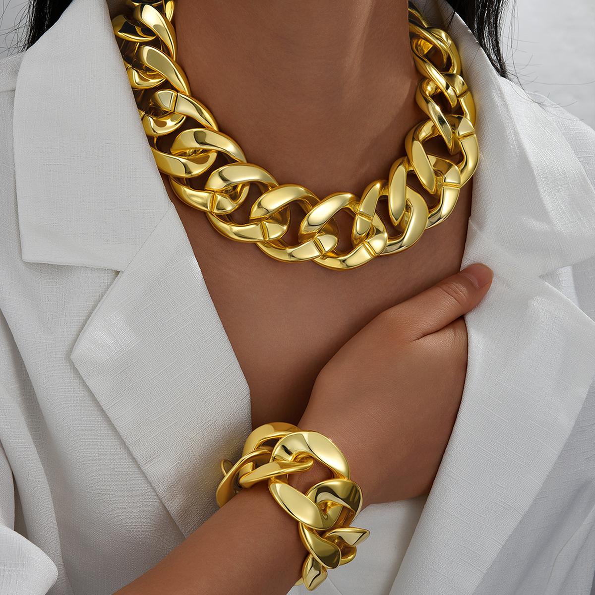 

2pcs Set Exaggerated Cuban Chain Necklace and Bracelet Set for Women Gold Color Chunky Chain Collares Vintage Choker Jewelry Set