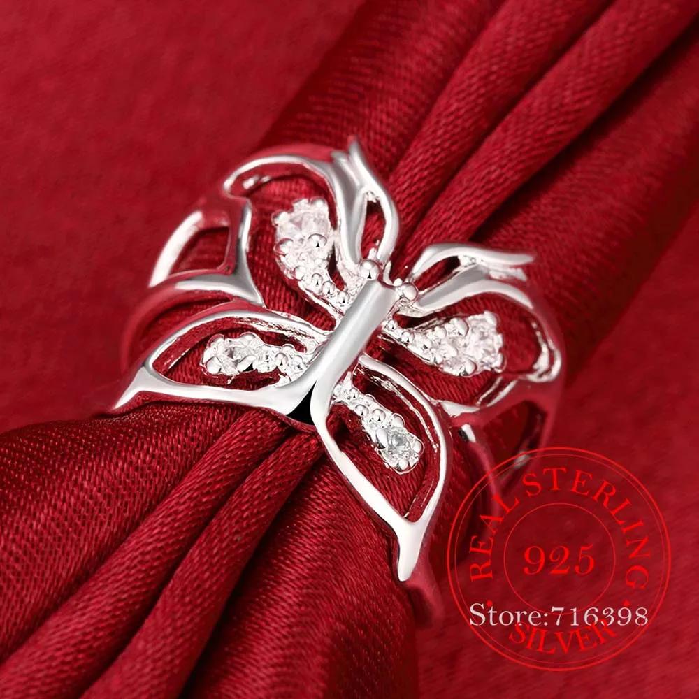 

925 Sterling Silver Butterfly AAA Zircon Open Ring for Woman Fashion Wedding Engagement Party Gift Charm Jewelry One Size