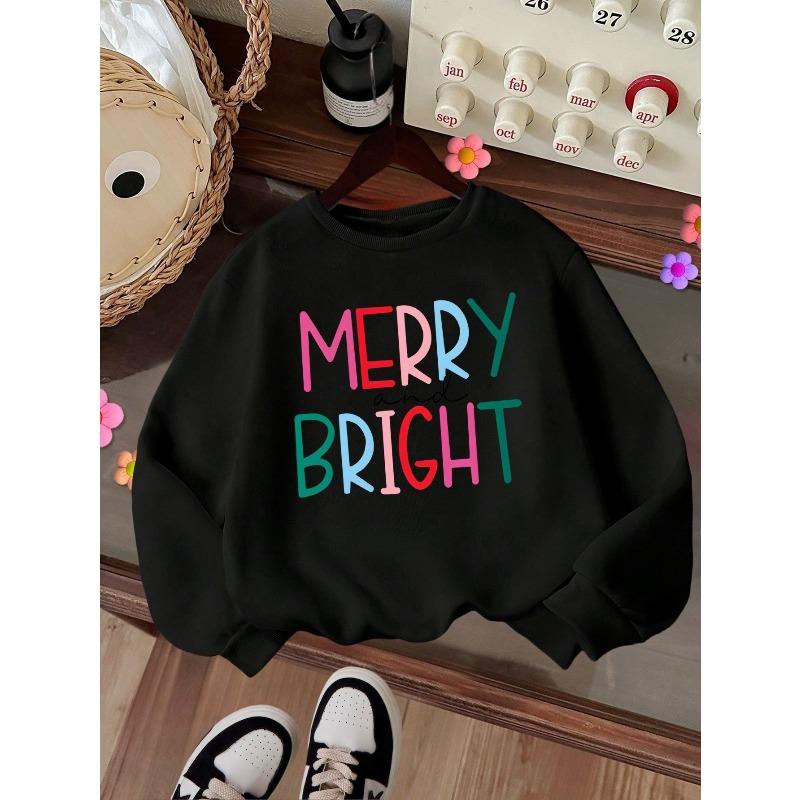 Kids Crewneck Sweatshirt, MERRY BRIGHT Text Print, Casual Tops for Fall & Winter 110 чёрный