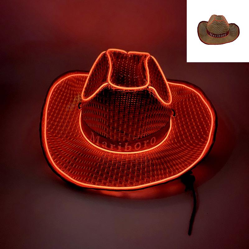 LED Luminous Cowboy Hat - Western Style for Men & Women, Large Brim Straw Sun Hat for Summer and Outdoor Performances