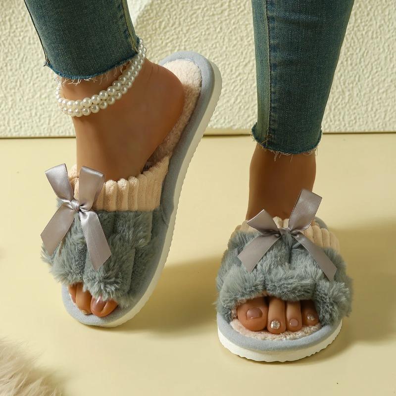 New Bow Decorative Plush Slippers For Women Autumn Winter Warm Indoor Home Soft Sole Lightweight Slides Furry Cotton Shoes
