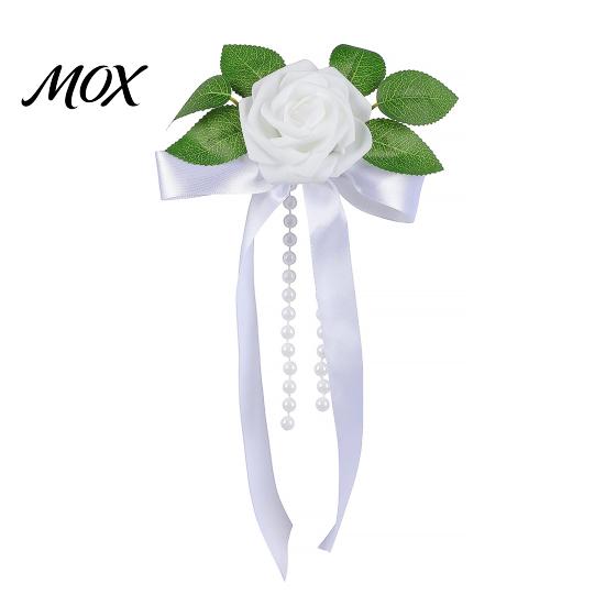 Durable Wedding Car Petals Artificial White Rose Decoration, Door Handle & Rearview Mirror Flower Bouquet Realistic Flowers with Satin Ribbon Bow And