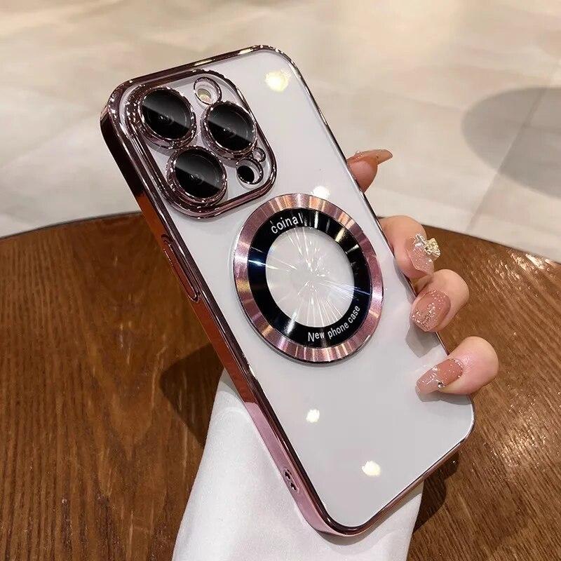 Luxury Magnetic Case With Lens Film For iPhone 14 15 13 12 11 Pro Max Plus Transparent Wireless Charging Protector Phone Cover