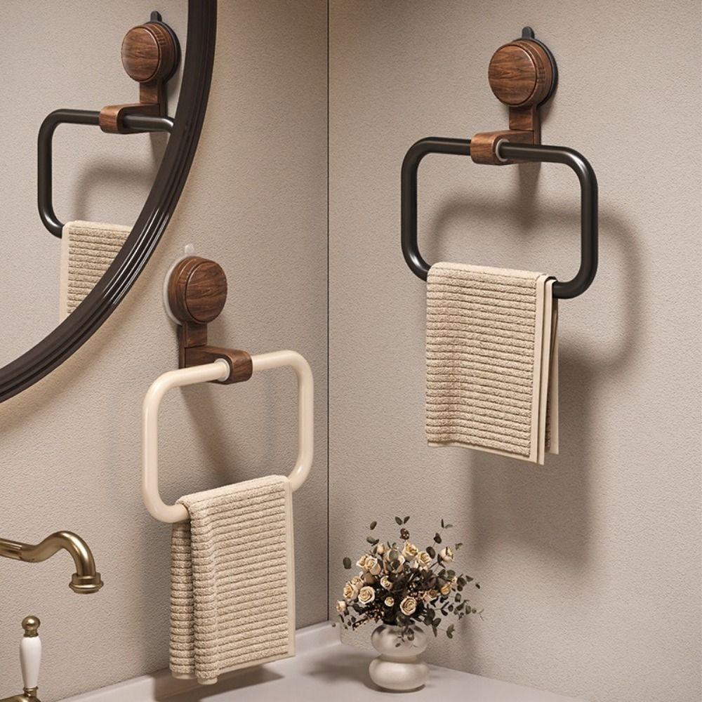 Aluminum Alloy Walnut Wood Towel Holder No Drilling Medieval Style Towel Hanging Rack Rotatable Wall-Mounted Bathroom Towel Ring
