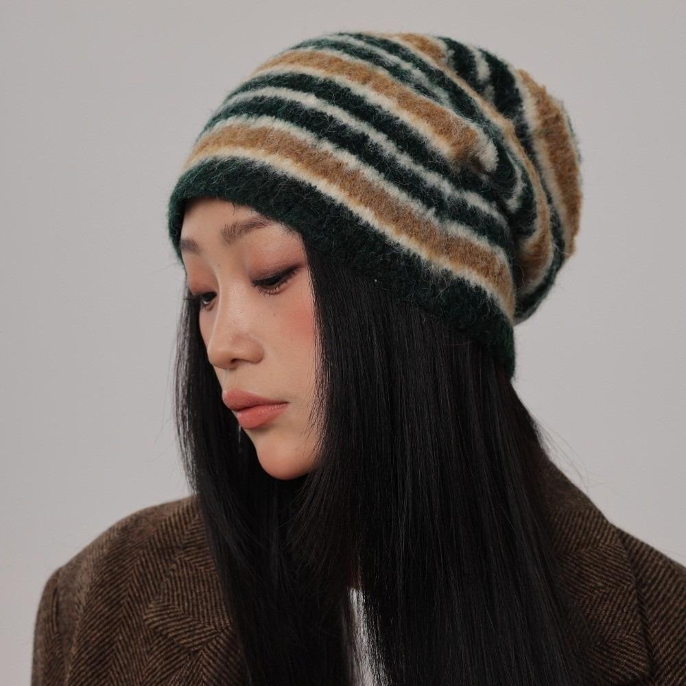 Plush Warm Skullies Hat Striped Ski Ear Protection Cap Unisex Knitted Beanies