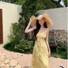 2026 summer French vacation ruffled small fly sleeve cream yellow print V-neck spaghetti waist-cinching fairy dress