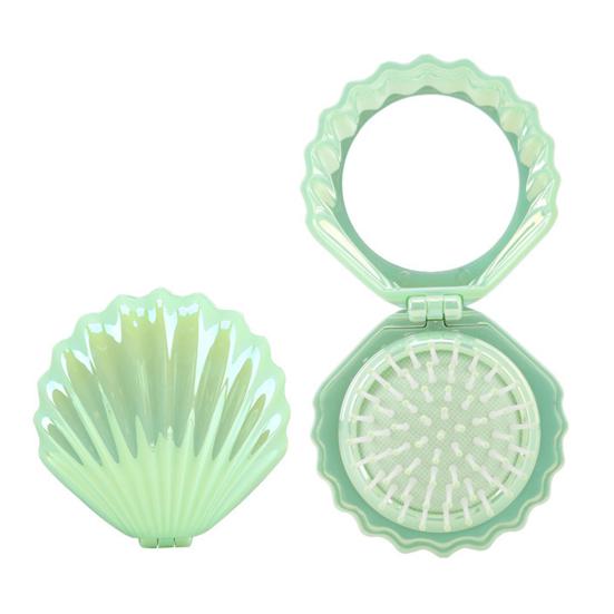2-In-1 Mini Air Cushion Brush with Makeup Mirror Portable Shell Shape Travel Hair Comb Women Girls Folding Round Mirror Scalp