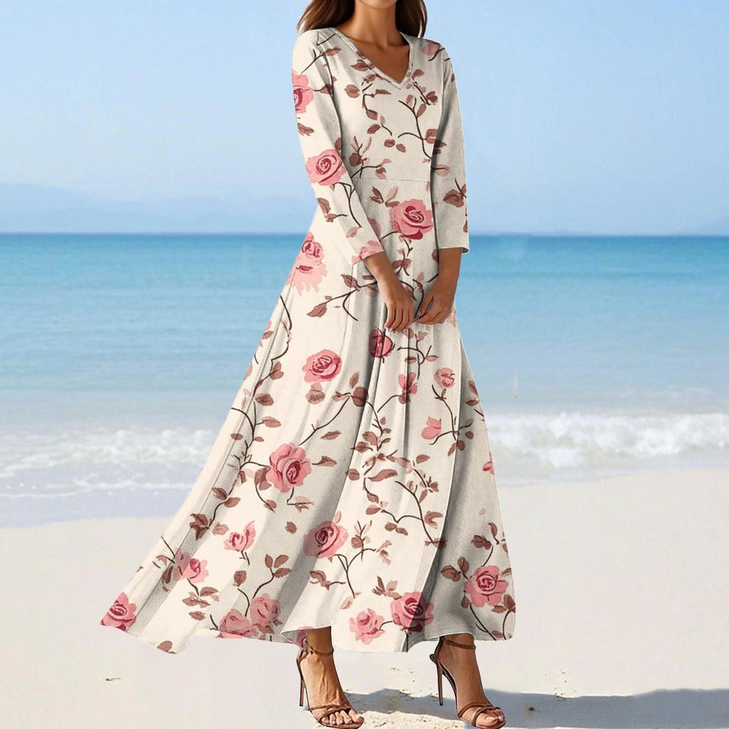 Vestidos de Praia Flutuantes com Decote em V da Moda Feminina, Vestidos Estampados Florais de Sete Mangas