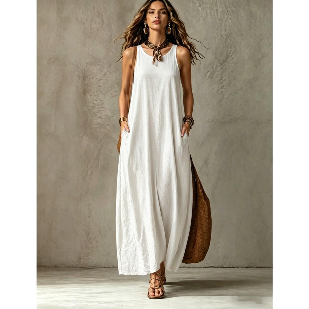 Women's Sleeveless Halter Neck Maxi Dress Loose Fit Solid Casual Long Dress