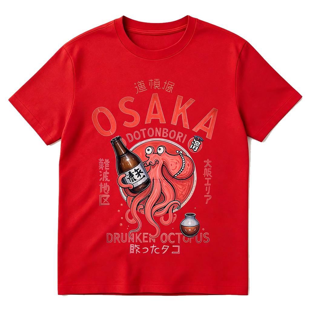 Japanischer Stil Osaka Dotonbori Betrunkener Oktopus Lustiges Meme T-Shirts Unisex WoUnisex Retro Harajuku Oversized Baumwoll-T-Shirt Streetwear