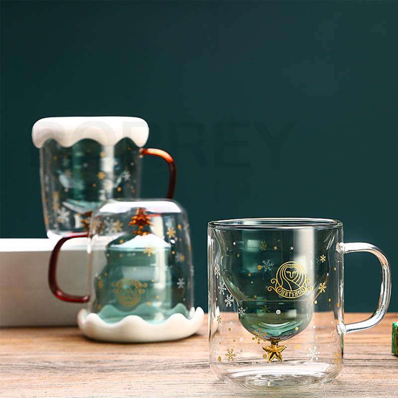BORREY Christmas Cup Transparent Double Anti-Scalding Glass Christmas Tree Star Coffee Milk Juice Mug Children's Christmas Gift