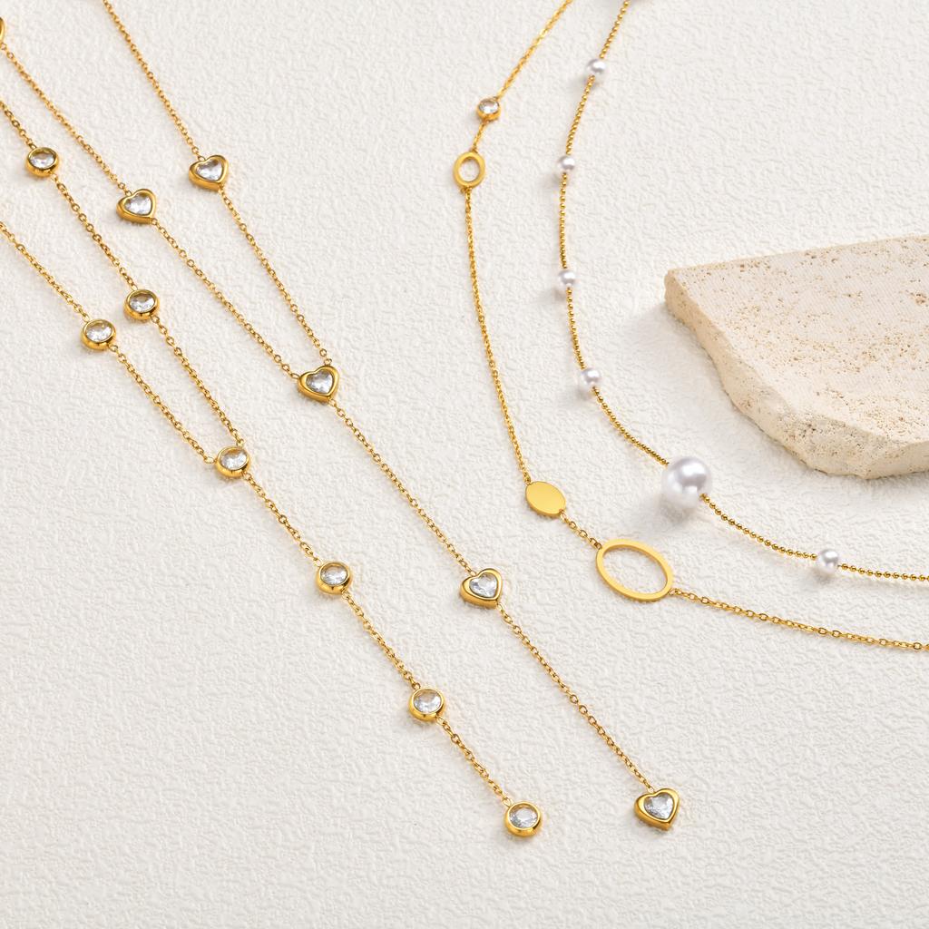Damhjärta Zirkonia Lång Kedja Halsband, Lariat Guldpläterat Halsband, Stapel Drop Trendiga Rostfritt Stål Smycken