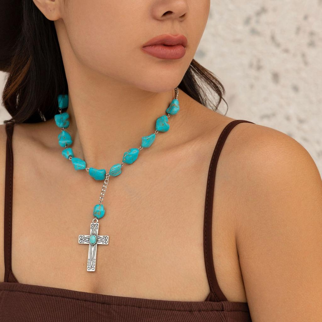 Retro Ethnic Irregular Turquoise Metal Cross Pendant Personality Double Layer Necklace for Women Collar Chain Charm Jewelry Gift