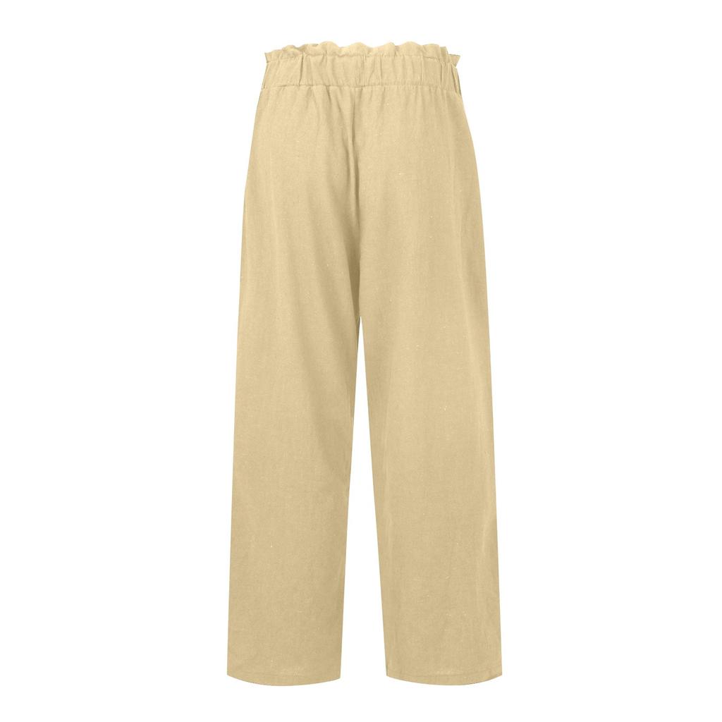 Women's Cotton And Linen Pants Color Loose Casual Elastic Waist Pocket Cropped Pants