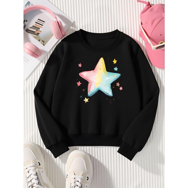 Girls' Crewneck Sweatshirt Colorful Star Pattern Print Design Machine Washable, Spring And Autumn, Sportswear And Casual Wear, Soft And Comfortable