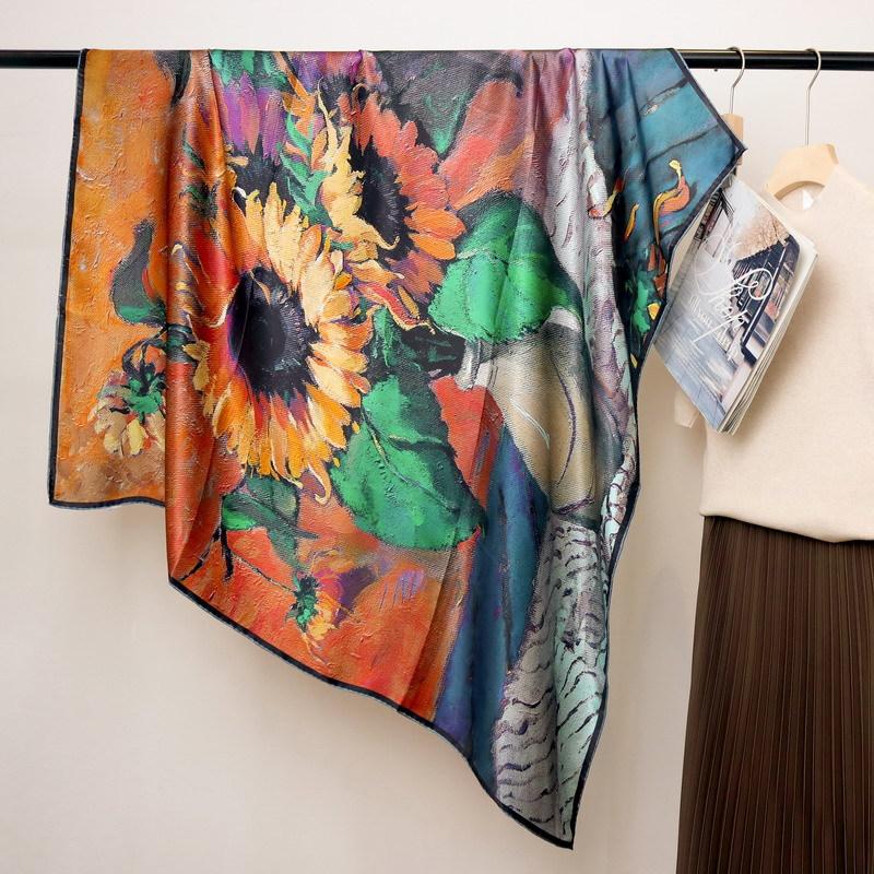 Oil painting print sunflower silk 100% mulberry silk plain crepe satin scarf silk scarf 110cm large square scarf shawl women