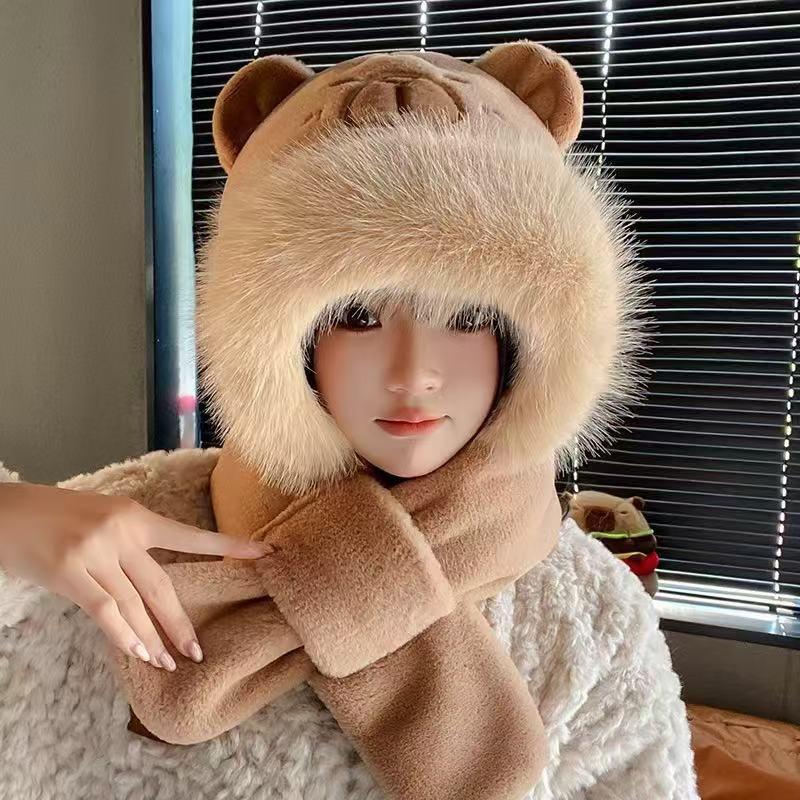 Trendy Cute Cartoon Capybara Hat Scarf Winter Warm Scarf Hat For Women Girls Kawaii Ear Protection Soft Furry Scarf Cap Gifts