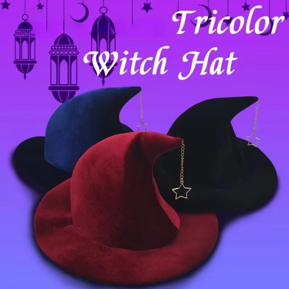 Star Pendant Wool Bucket Hat Solid Color Halloween Hat Vintage Witch Hat Party
